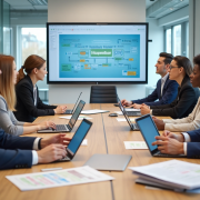 Professionals discuss hazardous waste at a modern office table