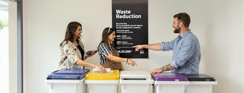 UK SME staff sort materials at labeled bins with 'Waste Reduction' text